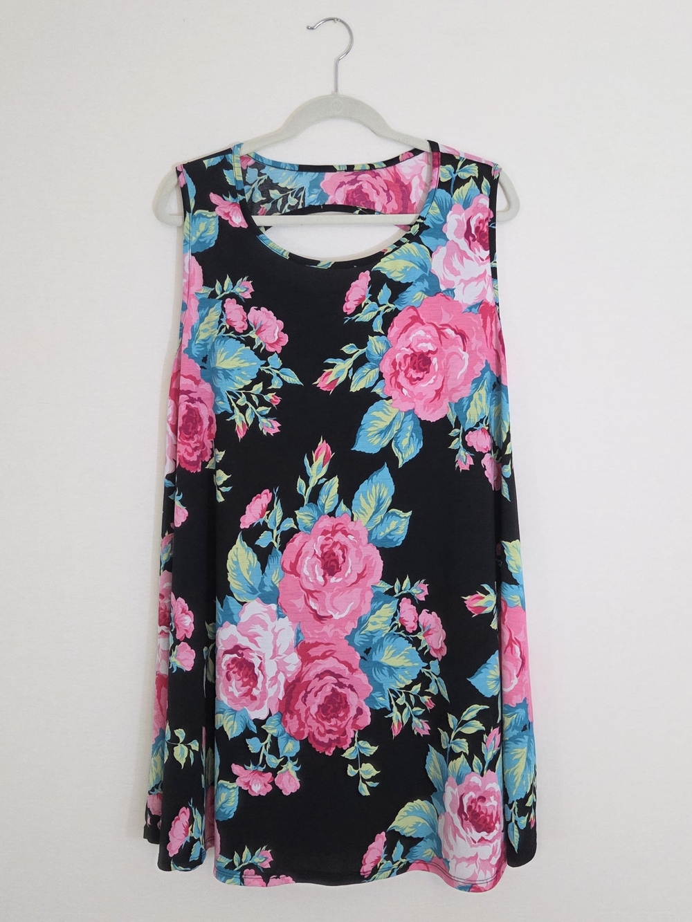 Floral Cutout Black Mini Dress with Pink & Blue Bloom Print